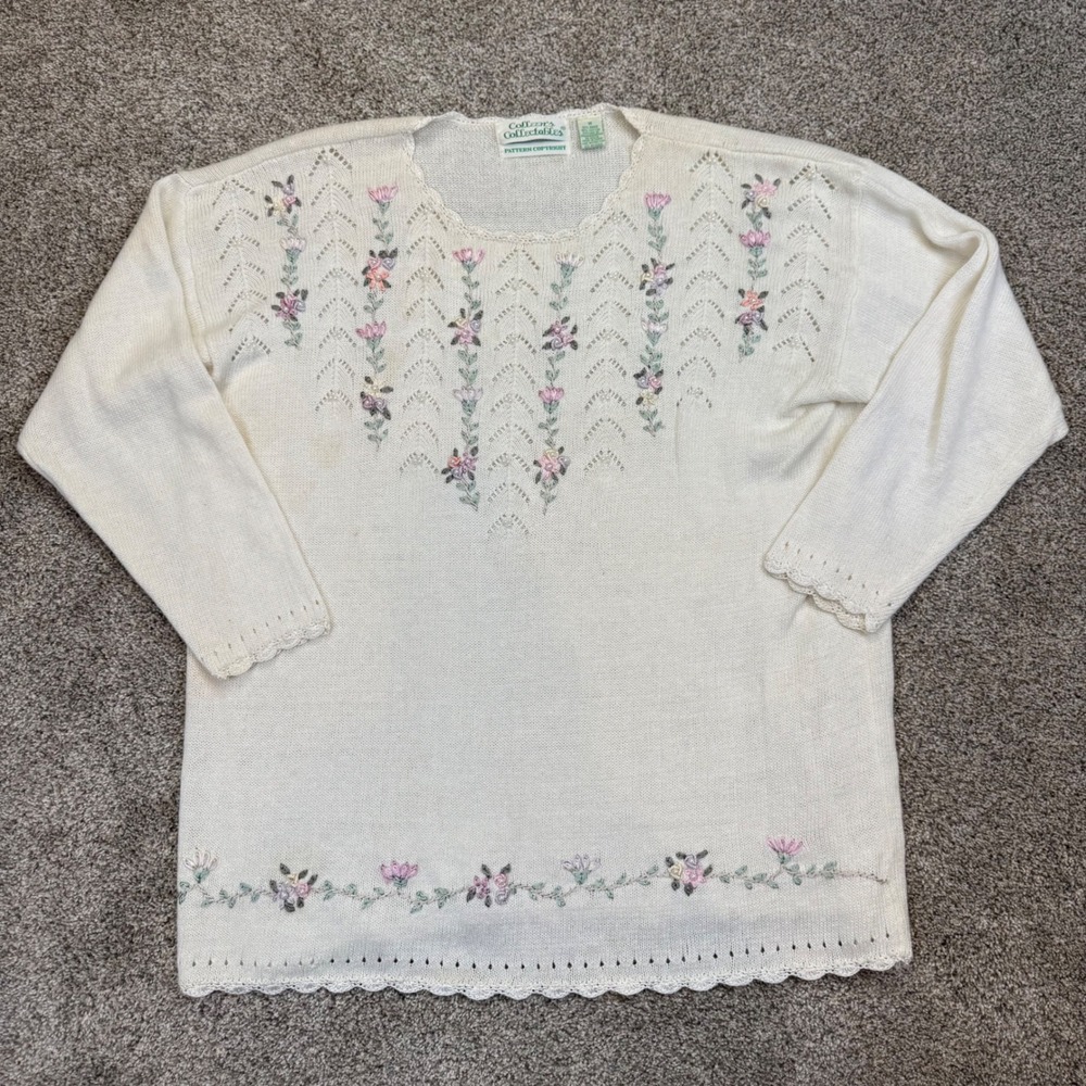 Colleens Collectables Vintage Floral Embroidered Pearl Knit Sweater Cream Medium